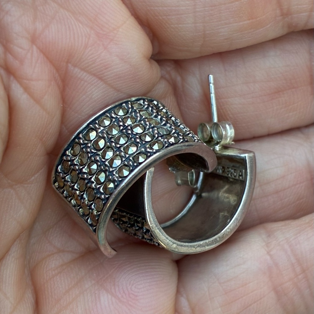 Sterling Silver 925 Marcasite Hoop Earrings • Vintage Style 1” Hoops